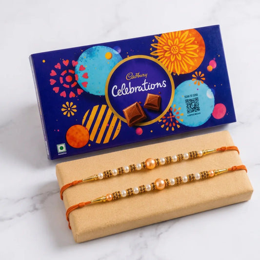 Set of 2 Pearl Rakhi with Cadbury Celebrations | Devotional Rakhi Gift