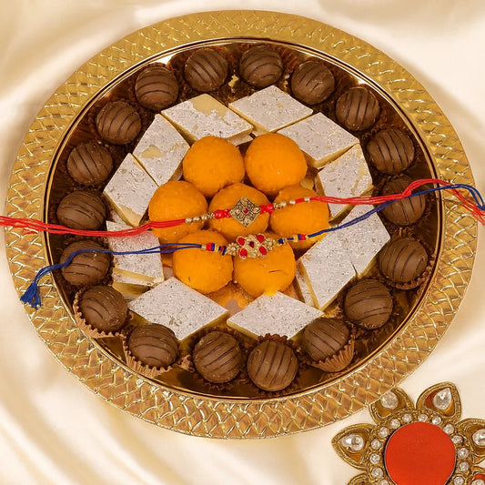 Kundan Rakhis with Sweets and Chocolate Thali Set of 2