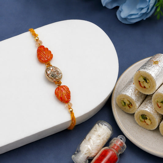 Red Leaf Stone Rakhi with Kaju Roll