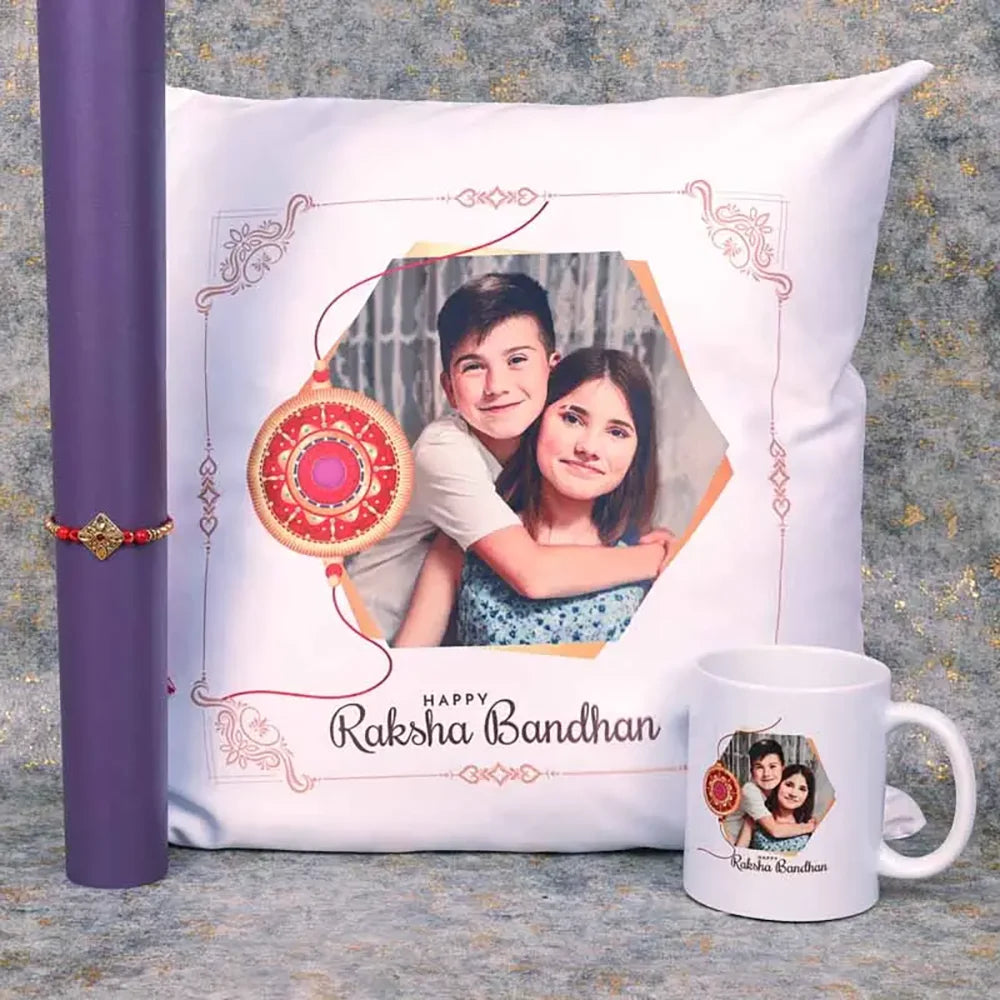 Antique Kundan Rakhi with Personalised Cushion and Mug