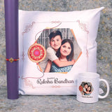 Antique Kundan Rakhi with Personalised Cushion and Mug