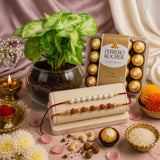 Set Of 2 Rudraksh Rakhi and Pearl with Ferrero Rocher Chocolates and Plant| Premium Raksha Bandhan Gift