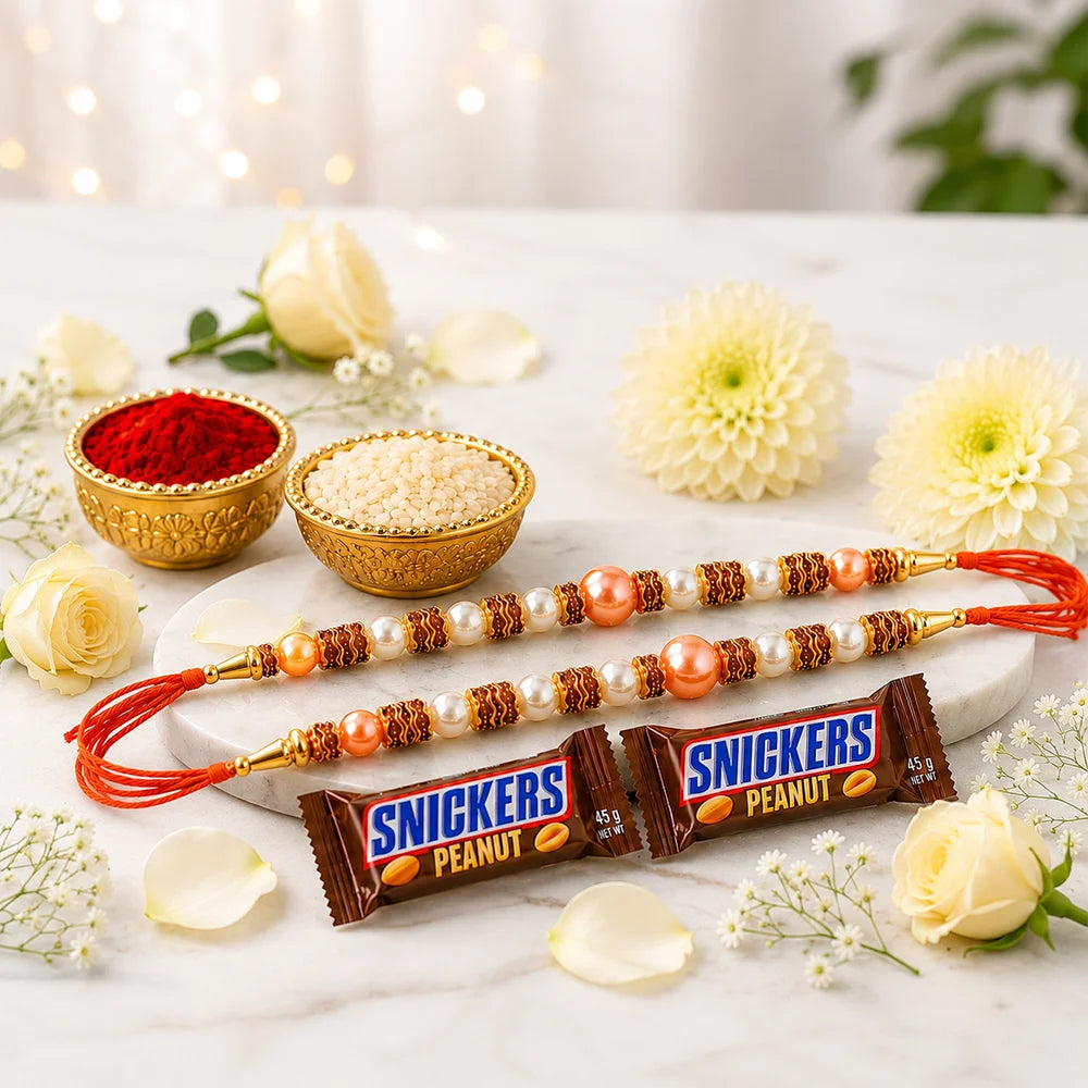 Set of 2 Pearl Rakhi with Snickers Chocolate Bars and Plant | Sweet Sibling Rakhi Gift