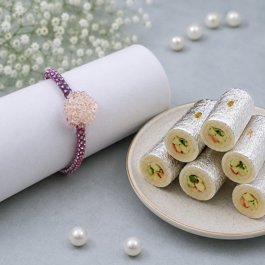 Crystal Flower Charm Bracelet Rakhi with Kaju Roll