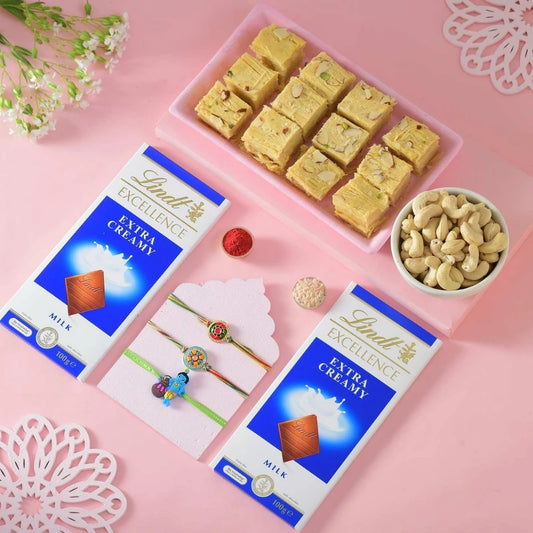 Blessed Bhai Rakhi Hamper with Kids Rakhi, Soan Papdi & Lindt Excellence Chocolate