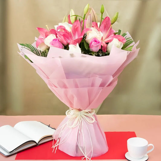 White & Pink Roses with Lilies Bouquet