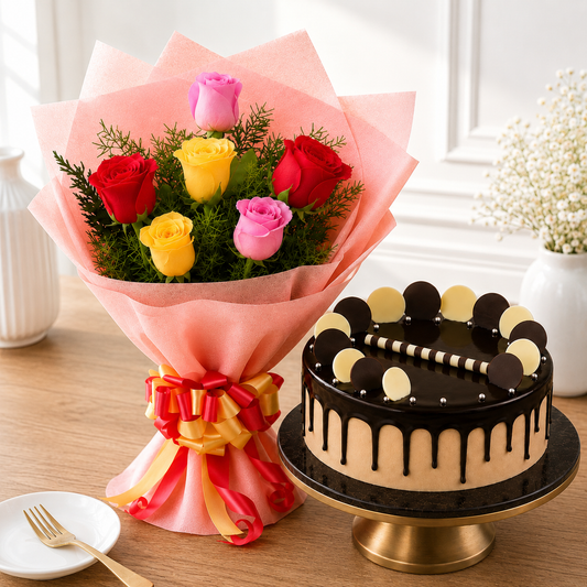 6 Mixed Roses With Chocolate Cream Cake