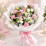 Soft Pink & White Bouquet: Carnations, Roses, Gerberas & Pink Lily