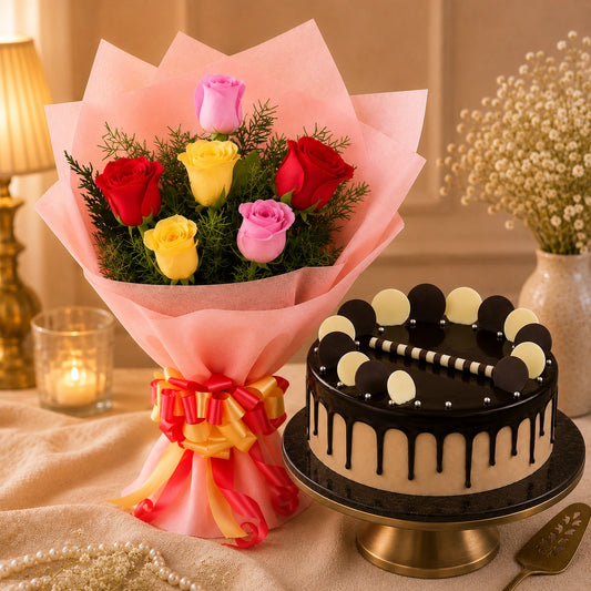 6 Mixed Roses With Chocolate Cream Cake