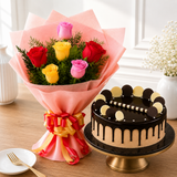 6 Mixed Roses With Chocolate Cream Cake