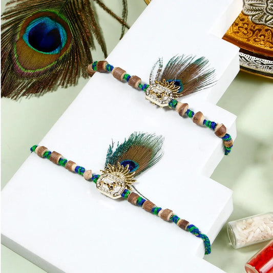 Set of 2 Peacock Feather Wood Beaded Rakhis with Hershey's Cookies 'N' Creme