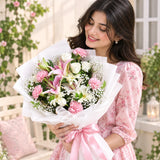 Soft Pink & White Bouquet: Carnations, Roses, Gerberas & Pink Lily