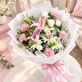 Soft Pink & White Bouquet: Carnations, Roses, Gerberas & Pink Lily