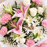 Soft Pink & White Bouquet: Carnations, Roses, Gerberas & Pink Lily