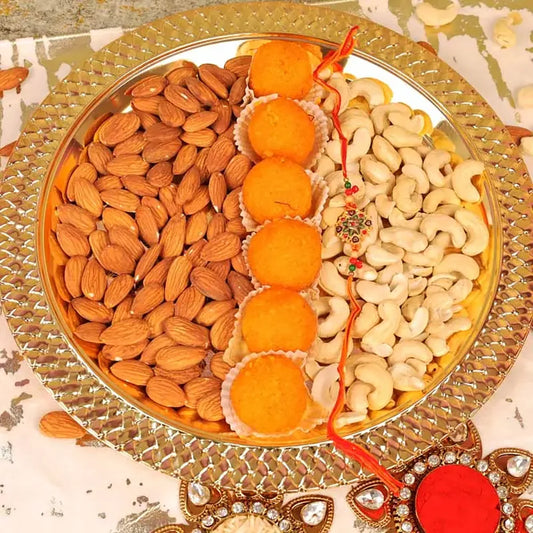 Designer Rakhi with Motichoor Laddoo and Dry Fruit Thali