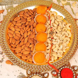 Designer Rakhi with Motichoor Laddoo and Dry Fruit Thali