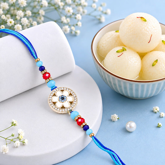 Evil Eye Wheel Pendant Rakhi with Rasgulla