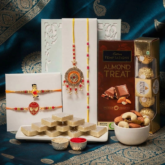Designer Family Rakhi Set With Kaju Katli And Ferrero Rocher