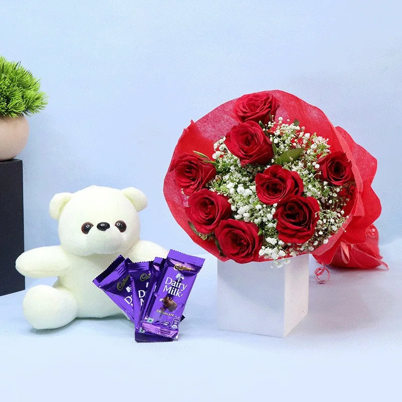 Adorable Roses Chocolates & Teddy Combo