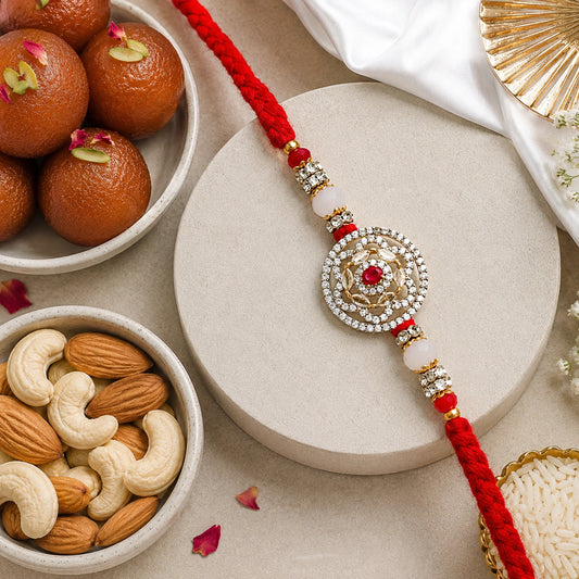 Kundan Floral Medallion Rakhi with Gulab Jamun & Dry Fruits