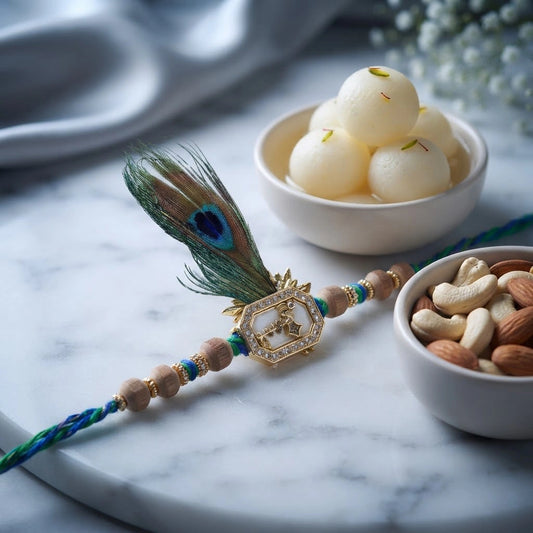 Peacock Feather Wooden Bead Rakhi with Rasgulla & Dry Fruits