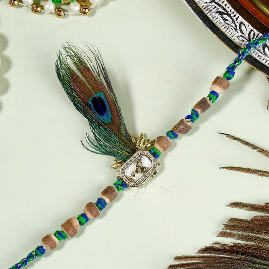 Peacock Feather Wooden Bead Rakhi with Rasgulla & Dry Fruits