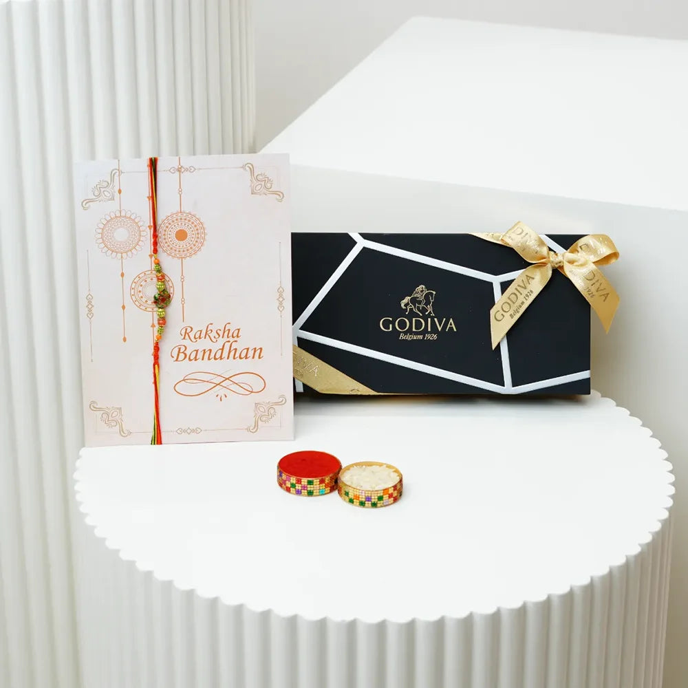 Antique Green Rakhi with Godiva Chocolate Box