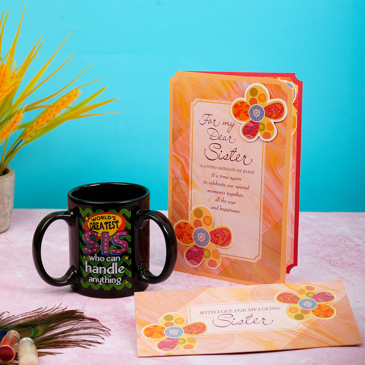 Wonderful Sister Greeting Card with 3 Handle Mug