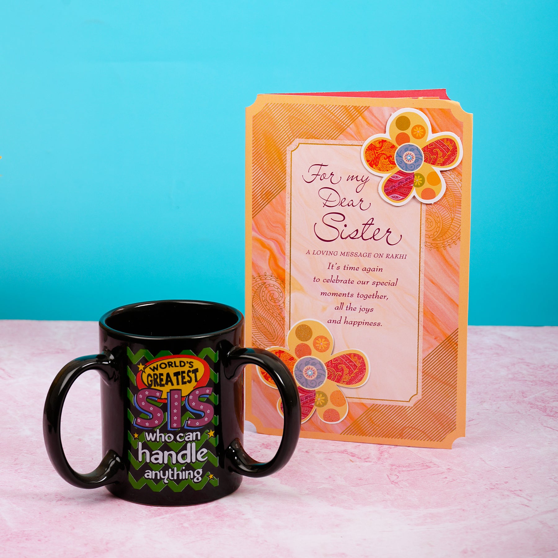 Wonderful Sister Greeting Card with 3 Handle Mug