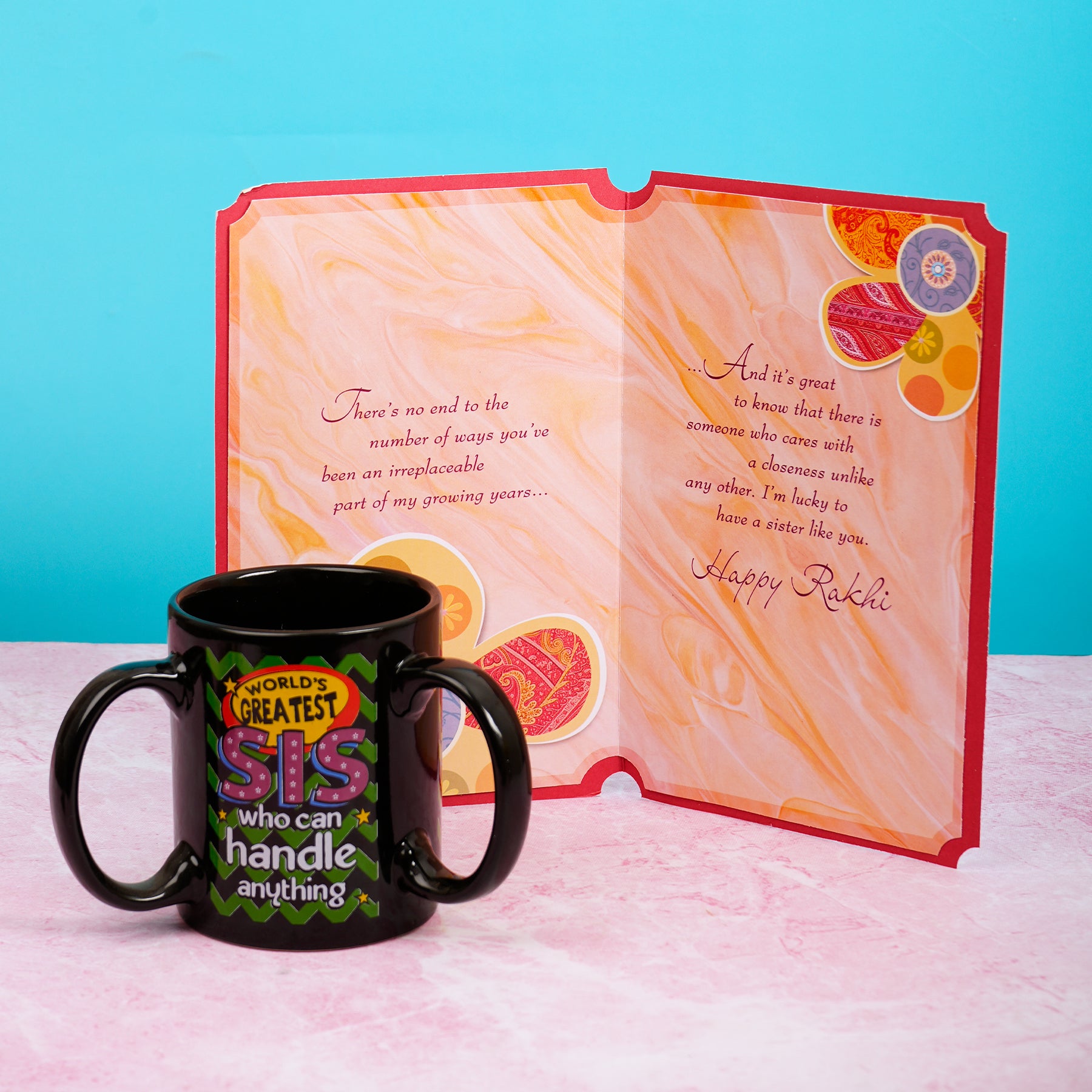 Wonderful Sister Greeting Card with 3 Handle Mug