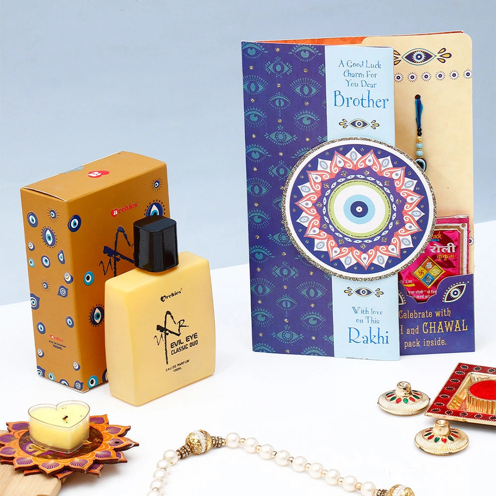 Evil Eye Rakhi Greeting Card with Archies Classic Oud Perfume