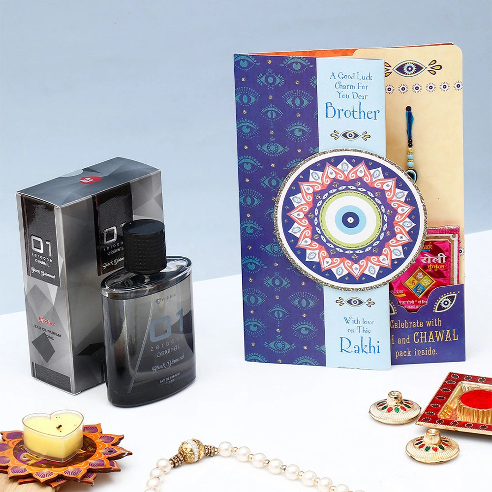 Evil Eye Rakhi Greeting Card with Archies Black Diamond Perfume