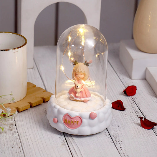 Happy Reindeer Girl Figurine with Glass Dome