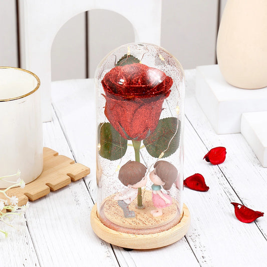 Glitter Rose with Couple Figurine in Glass Dome