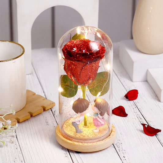 Glitter Rose with Couple Figurine in Glass Dome