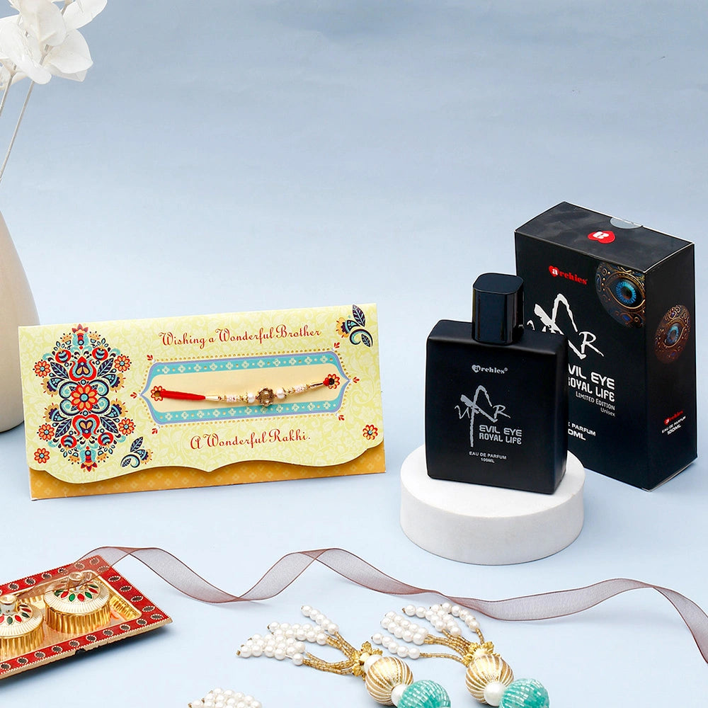 Archies 'Wishing A Wonderful Brother' Rakhi Mailer With UXR Evil Eye Royal Life Perfume