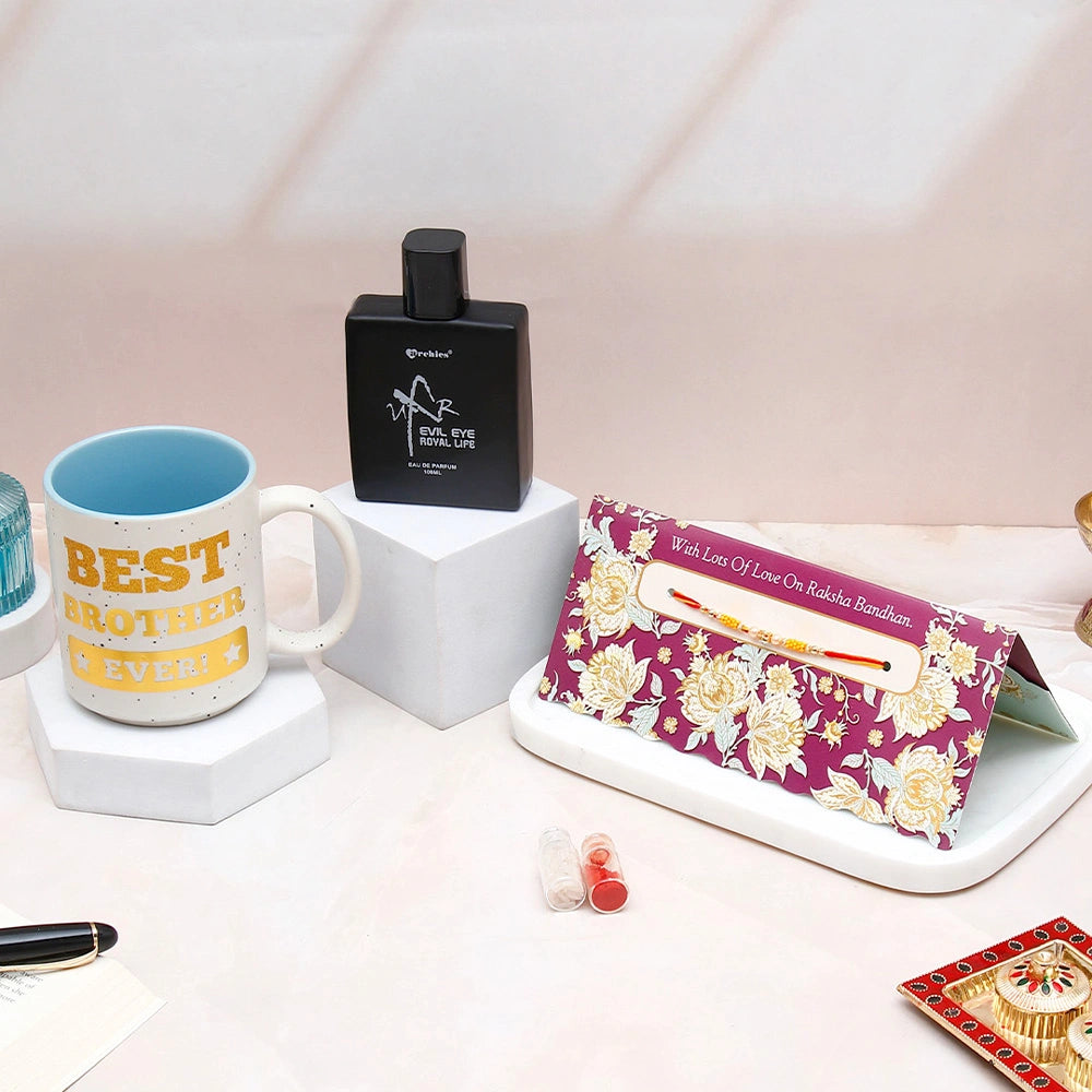 UXR Evil Eye Royal Life Perfume with Best Brother Mug & Floral Rakhi Mailer