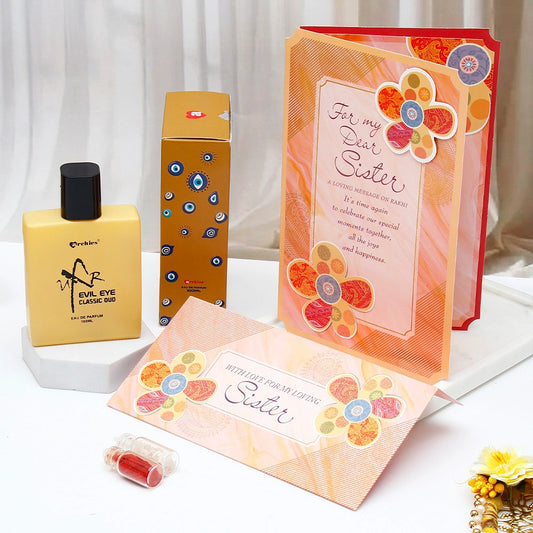 Evil Eye Classic Oud Perfume & Sister Rakhi Card Gift Set
