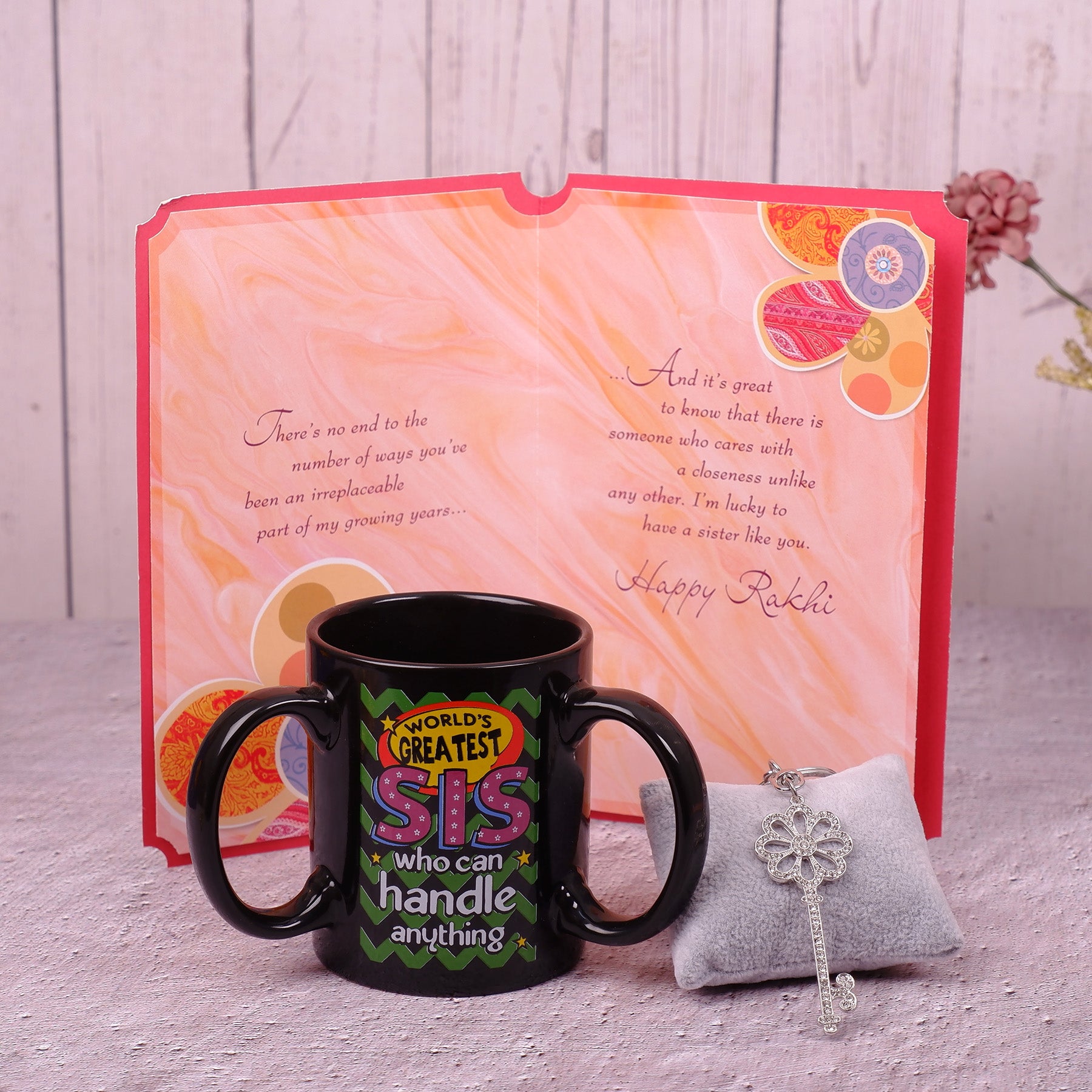 Rinestone Keychain With Sister Greeting Card and Mug