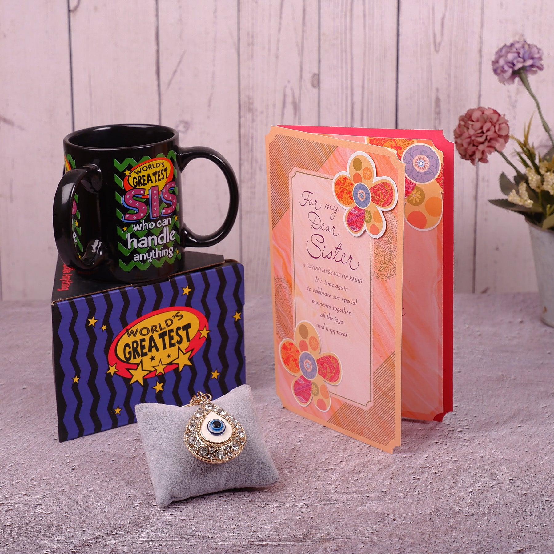 Golden Evil Eye Keychain With Sister Greeting Card and Mug