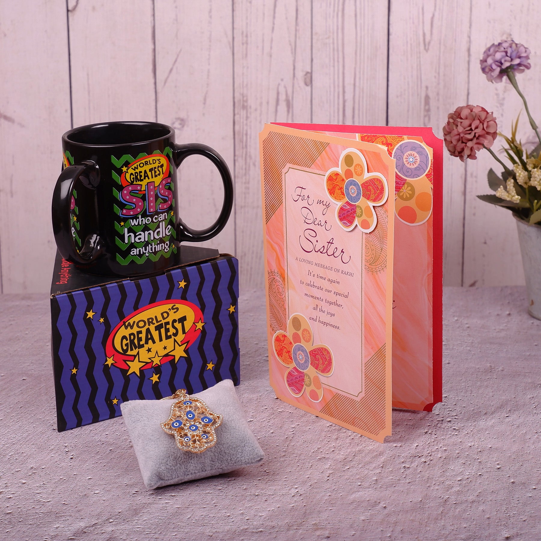 Gazing Evil Eye Keychain With Sister Greeting Card and Mug