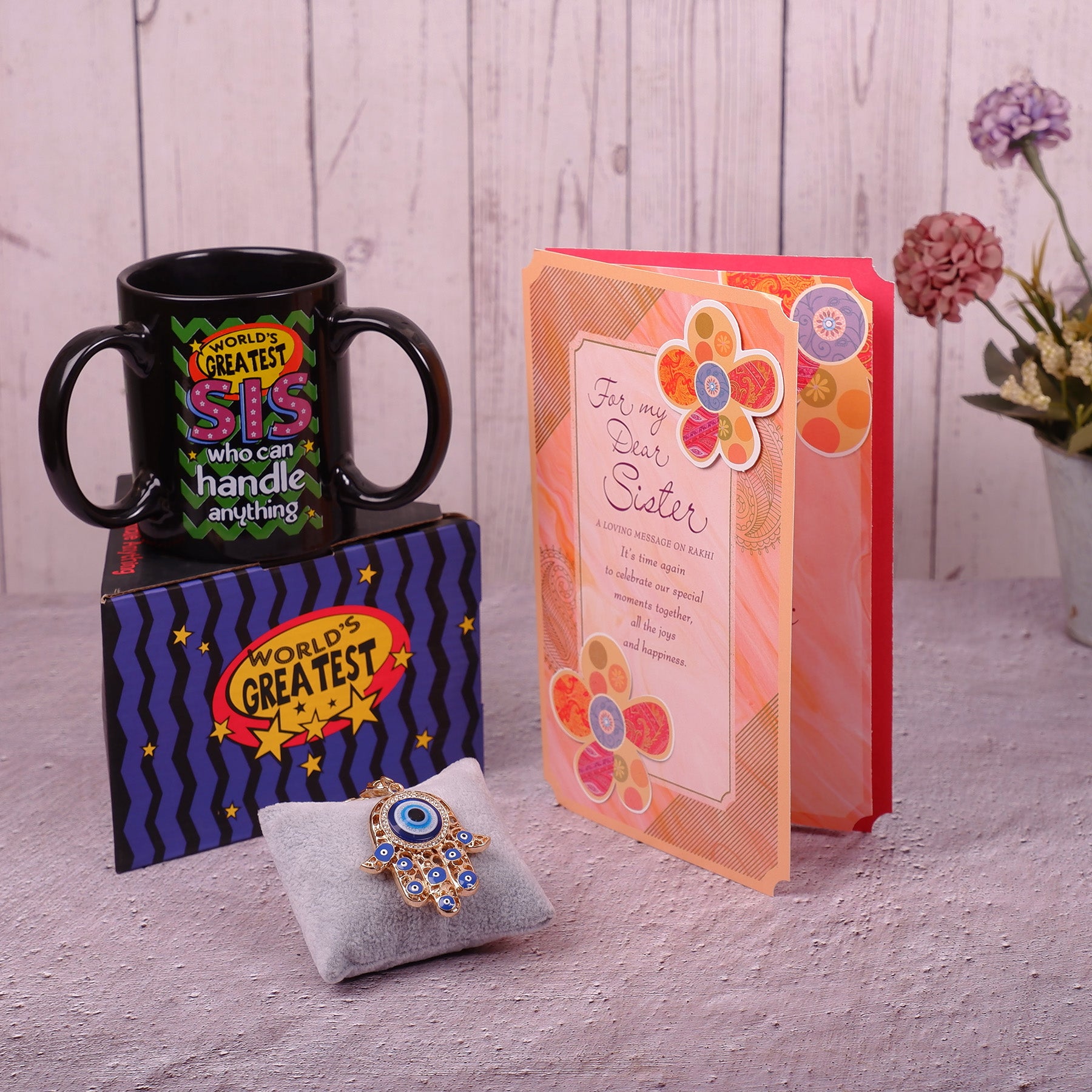 Amazing Evil Eye Keychain With Sister Greeting Card and Mug