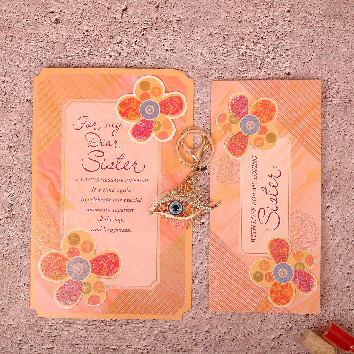 Sacred Evil Eye Keychain With Sister Greeting Card