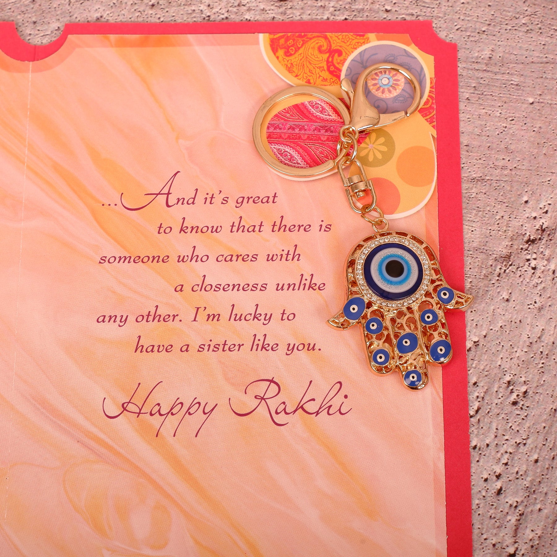 Amazing Evil Eye Keychain With Sister Greeting Card