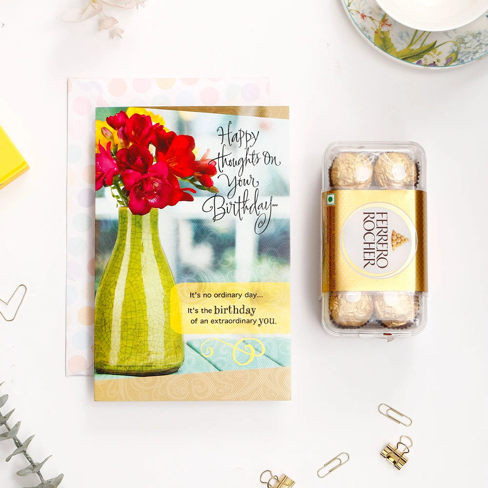 Happy Thoughts On Your Birthday Greeting Card and Ferrero Rocher 200 GM