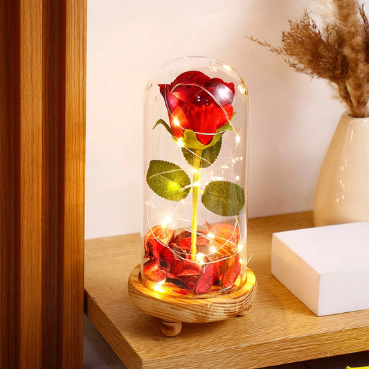 Forever Rose in Glass Dome with Footed Wooden Base