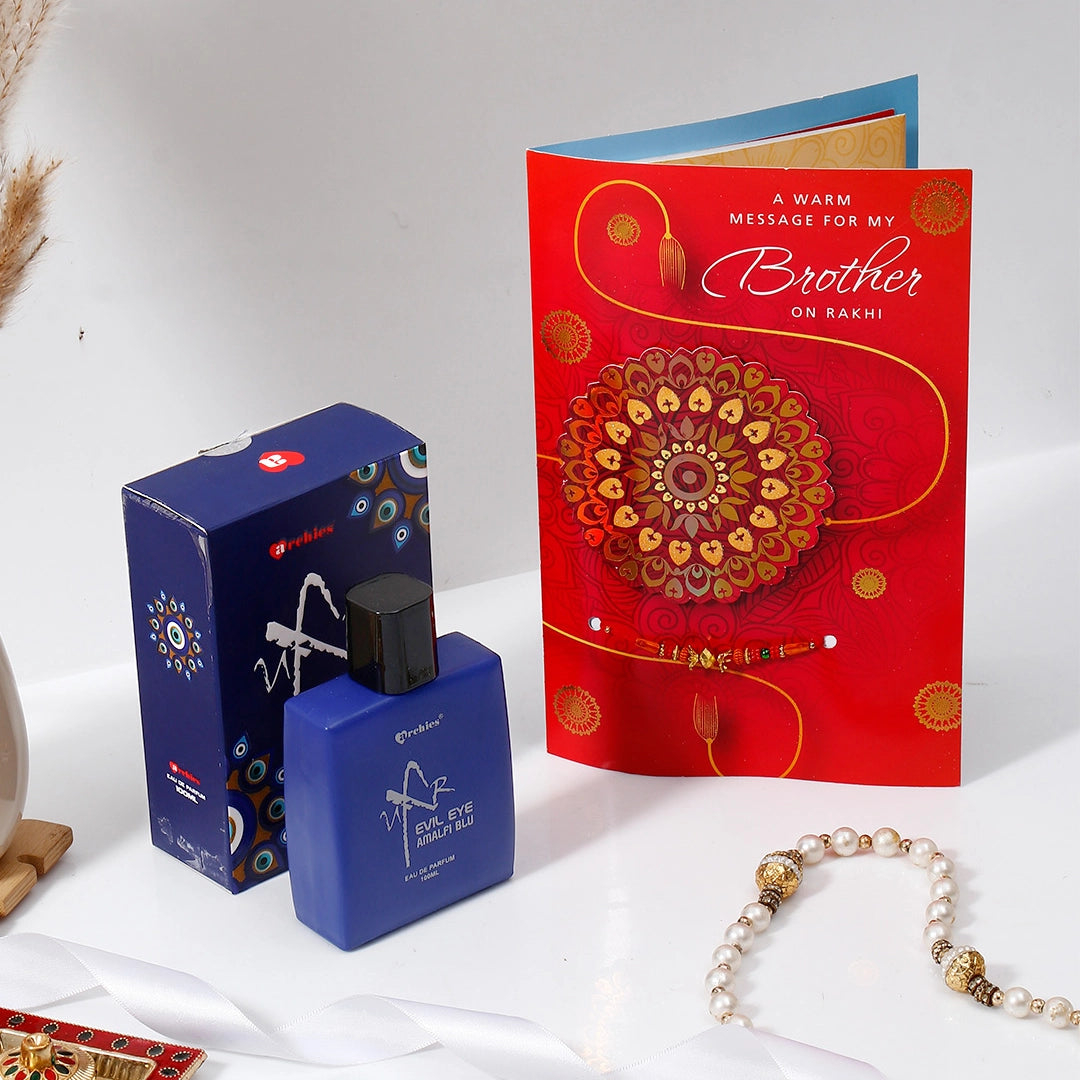 Personalised Rakhi Greeting Card with Archies Amalfi Blu Perfume