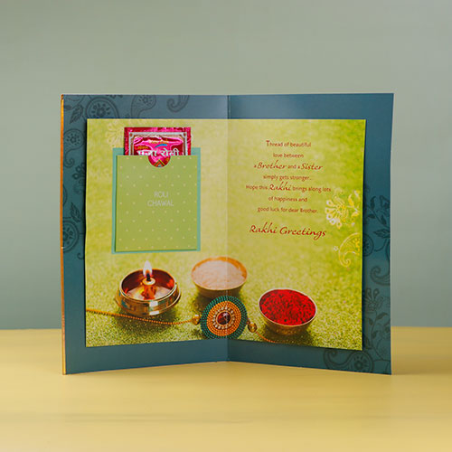 Rakhi Wishes Greeting Card with a Sacred Rakhi