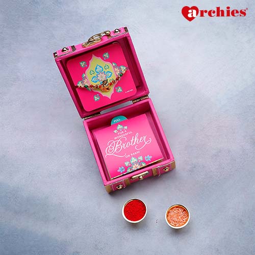 Magenta Rakhi Trunk Box with Hershey's Chocolates