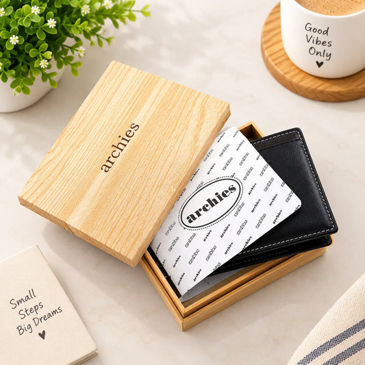 Archies Wooden Gift Box Black With Brown Design Gents Wallet